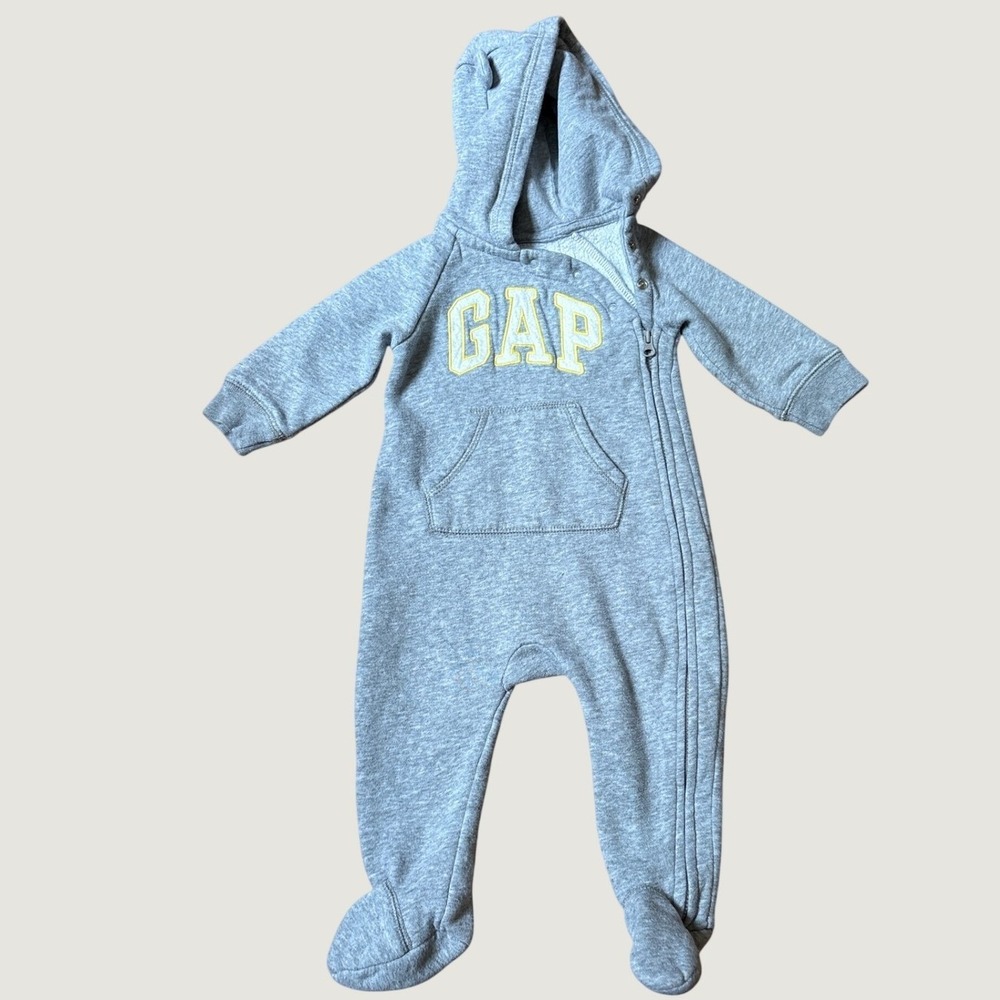 BabyGap Footed Coverall Baby Gray Hooded Fleece Logo Romper SIZE 6-9m